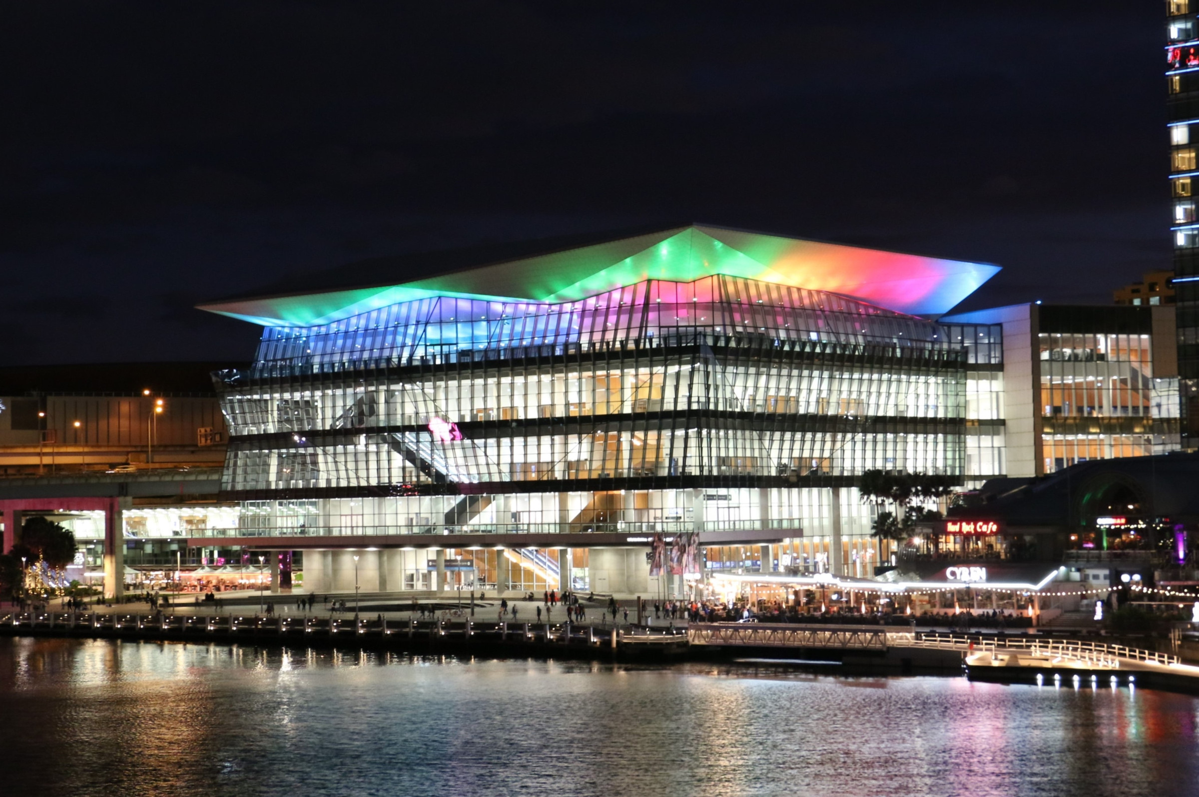 ICC Sydney at Darling Harbour lit at night, a project supplied by SVL Lighting.